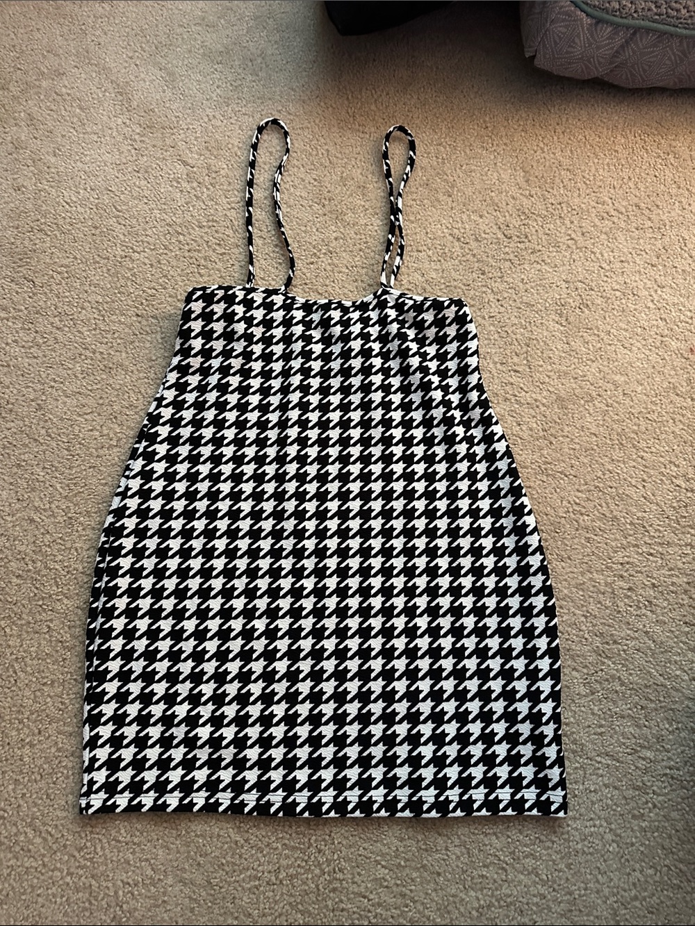 Black & White Houndstooth Mini Dress with Spaghetti Straps